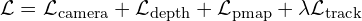 \mathcal{L} = \mathcal{L}_{\text{camera}} + \mathcal{L}_{\text{depth}} + \mathcal{L}_{\text{pmap}} + \lambda \mathcal{L}_{\text{track}}