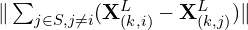 \|\sum_{j \in S, j \neq i} ( \mathbf{X}^L_{(k,i)} - \mathbf{X}^L_{(k,j)} )\|