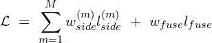 $$\mathcal{L}\ = \ \sum_{m=1}^{M} {w^{(m)}_{side}l^{(m)}_{side}} \ + \ w_{fuse}l_{fuse}$$