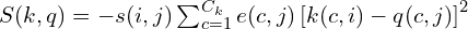  S(k, q) = - s(i,j) \sum_{c=1}^{C_k} e(c,j) \left[ k(c,i) - q(c,j) \right]^2 