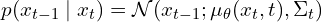  p(x_{t-1} \mid x_t) = \mathcal{N}(x_{t-1}; \mu_\theta(x_t, t), \Sigma_t) 