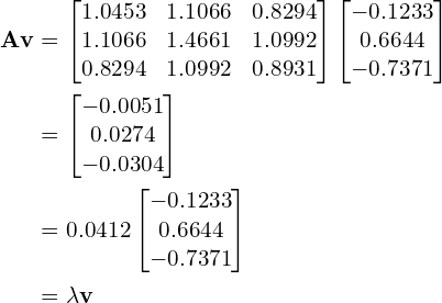 \begin{align*}\mathbf{Av} &=\begin{bmatrix}1.0453 & 1.1066 & 0.8294 \\1.1066 & 1.4661 & 1.0992 \\0.8294 & 1.0992 & 0.8931\end{bmatrix}\begin{bmatrix}-0.1233 \\0.6644 \\-0.7371\end{bmatrix}\\&=\begin{bmatrix}-0.0051 \\0.0274 \\-0.0304\end{bmatrix}\\&=0.0412\begin{bmatrix}-0.1233 \\0.6644 \\-0.7371\end{bmatrix} \\&= \lambda \mathbf{v}\end{align*}