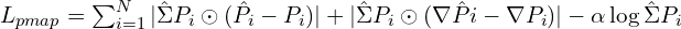 L_{pmap} = \sum_{i=1}^{N} | \hat{\Sigma}{P_i} \odot (\hat{P}_i - P_i) | + | \hat{\Sigma}{P_i} \odot (\nabla \hat{P}i - \nabla P_i) | - \alpha \log \hat{\Sigma}{P_i}