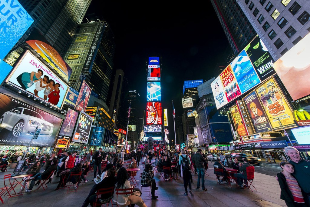 Times square processed image showing a replaced image on one of the left side billboards.