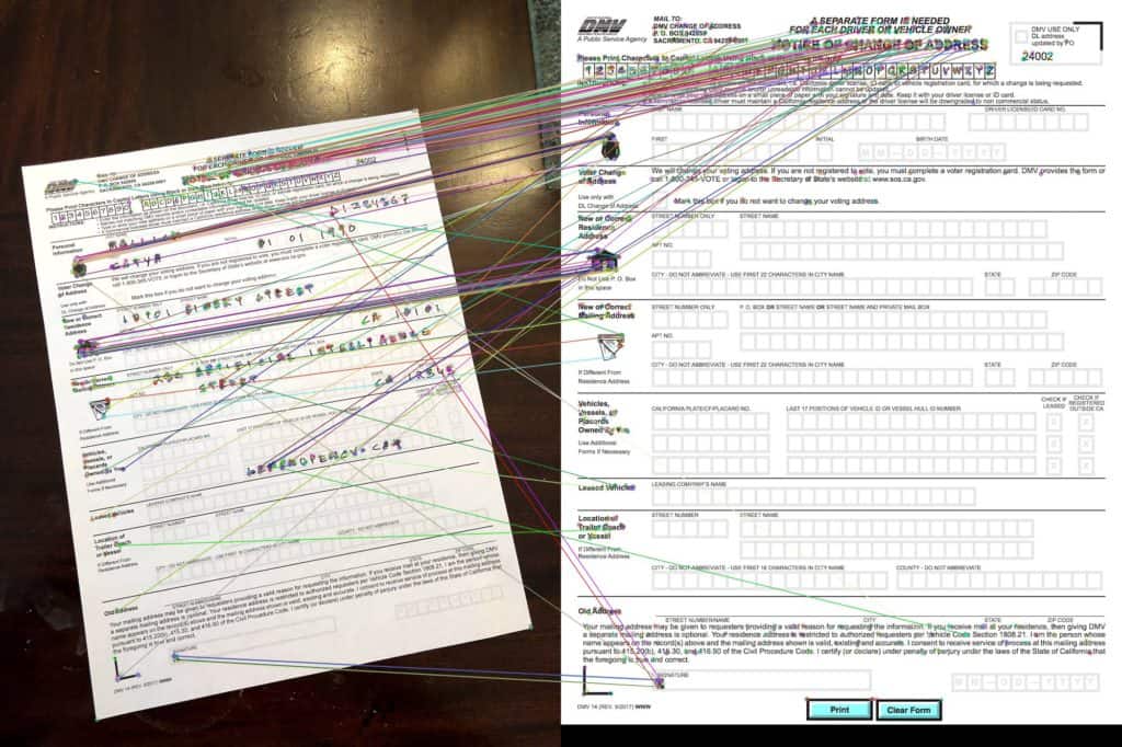 Image showing matched features connected by drawing corresponding lines.