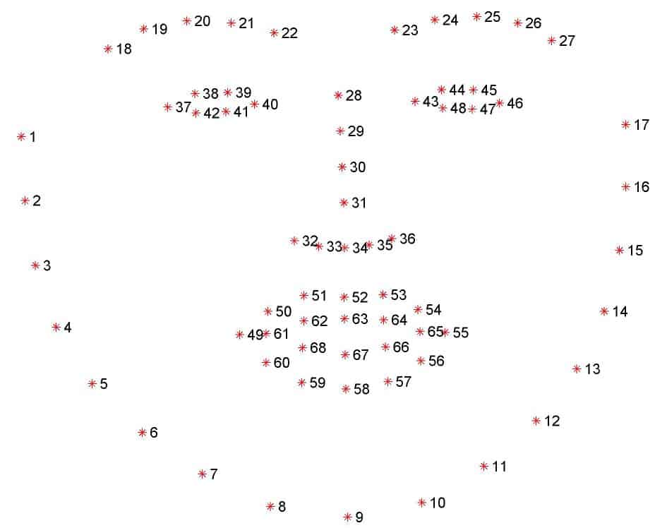 The visualization of the 68 facial landmarks of a face from the 300 W dataset. 