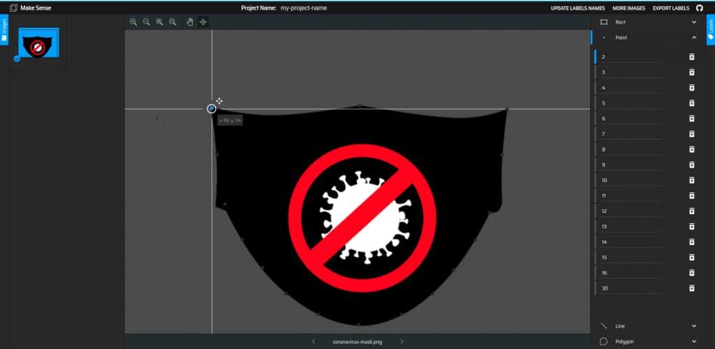 The example image depicting the annotation for one of the masks from the makesense annotation tool.