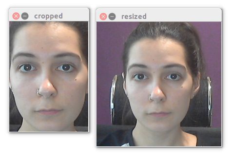 Image comparing the detected face, left, and scaled and resized face on the right. 