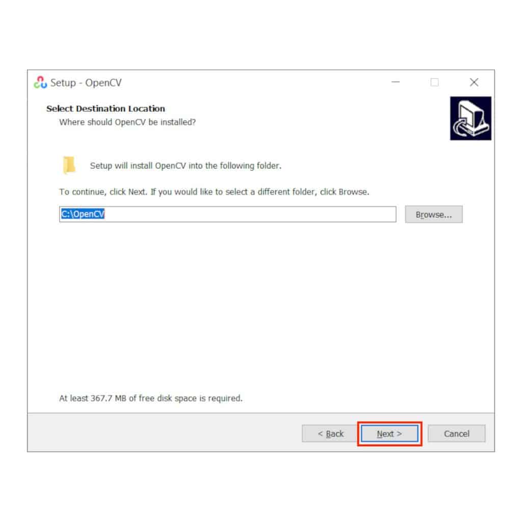 OpenCV Installer Select Destination