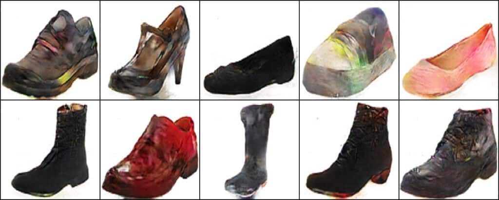 Resulting images from Generator generating various shoes