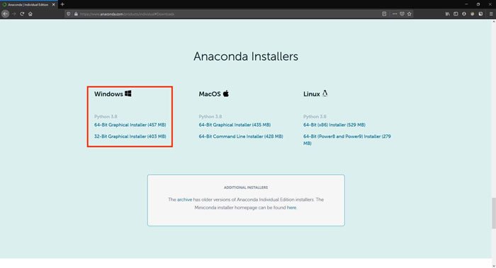 The download page of Anaconda, with the specific OS option to download highlighted. Select the installer as per the system architecture.
Step 1.5 to OpenCV DNN Module with Nvidia GPU on Windows
