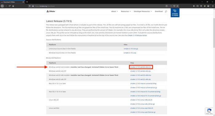 The cmake download page with the option to download highlighted. Download the version compatible with the system architecture.
Step 1.7 to using OpenCV DNN Module with Nvidia GPU on Windows