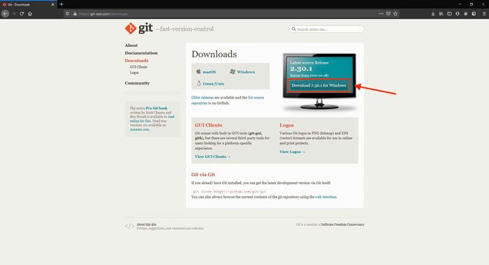 Screenshot of the git download page. The version to download is highlighted.