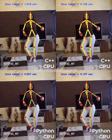 Output of the Deep Learning OpenPose code when using NVIDIA CUDA support on Windows. The programming language and inference time are overlaid on image for visualisation.