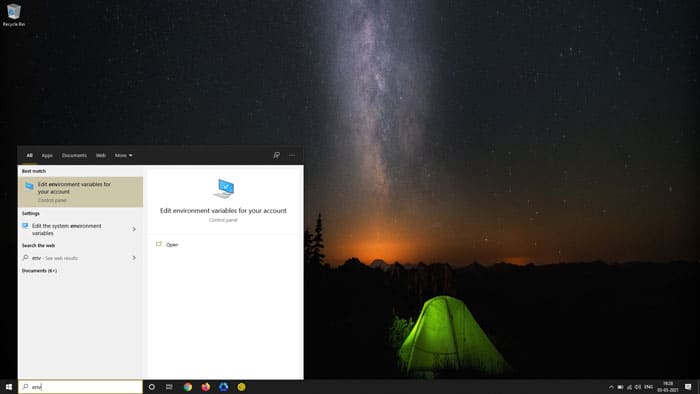 Screenshot of Start Menu showing search results of Environment Variable