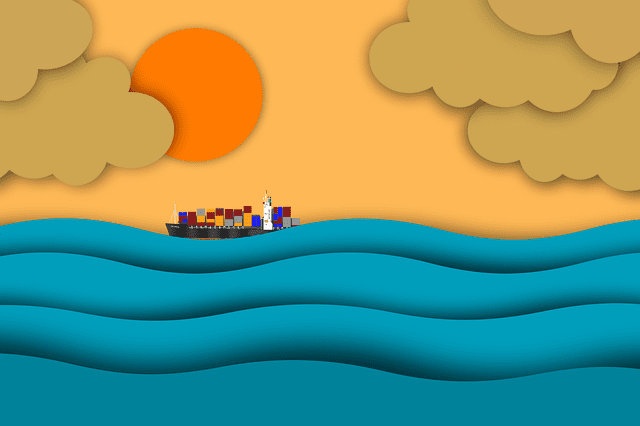 Animated image with sunrise, water, a cargo ship, and clouds. We use this image throughout this article as input for image rotation and translation.