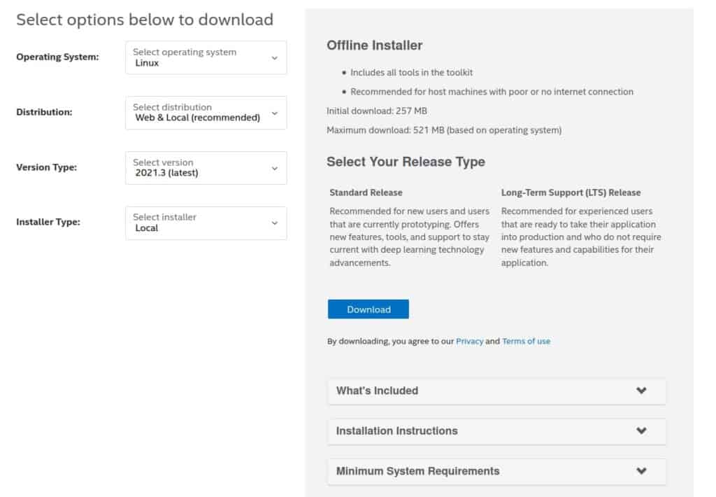 Image showing the official download page and choosing the correct version of OpenVINO toolkit.