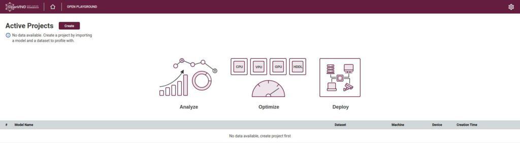 Open vino workbench start page