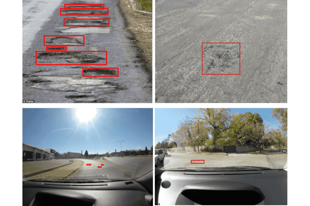 Images from the pothole detection dataset that we will use for fine tuning YOLOv7.