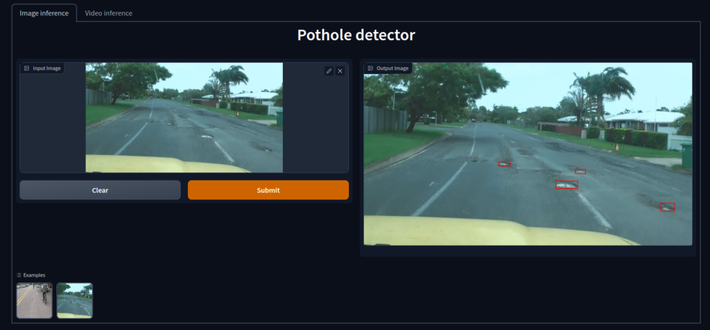 Image interface of the deployed pothole detector app.