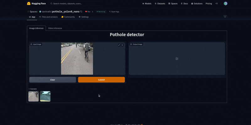 Gradio app demo after deploying the deep learning model for pothole detection.