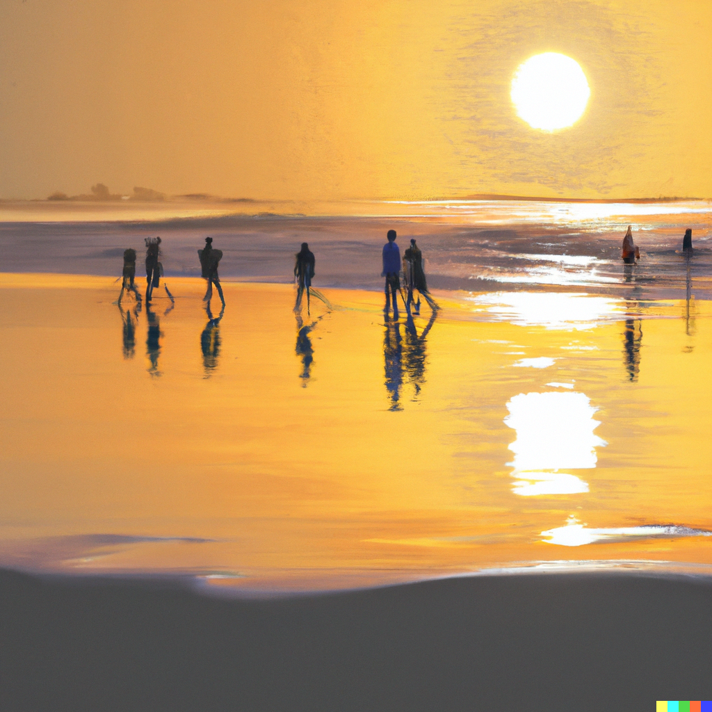 text2img example output from dalle 2 diffusion model using prompt "People walking on a beach during sunrise, a reflection of the sun on the water, realistic"