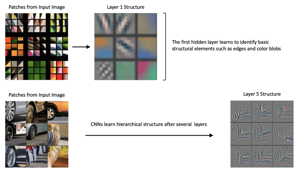 CNNs learning hierarchical features.