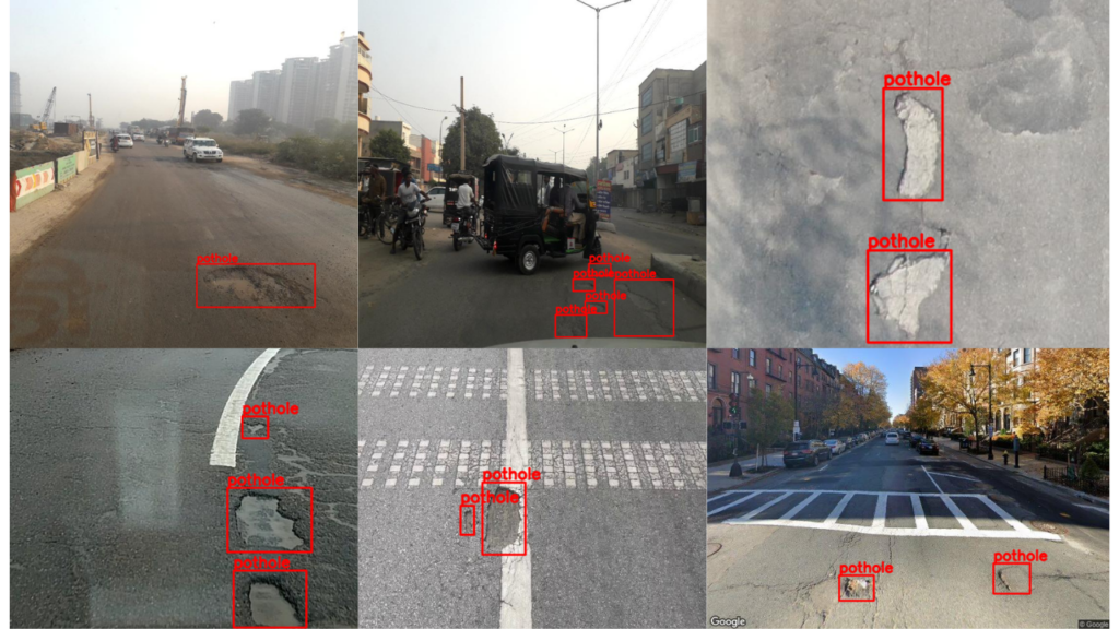 Annotated images from the pothole dataset to train the YOLOv8 model on custom dataset.