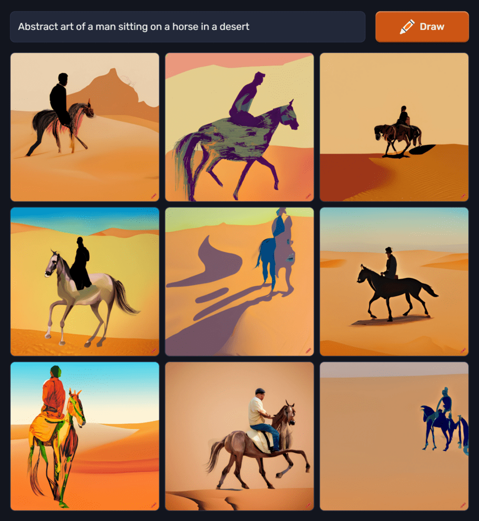 dalle mini prompt - Abstract art of a man sitting on a horse in a desert