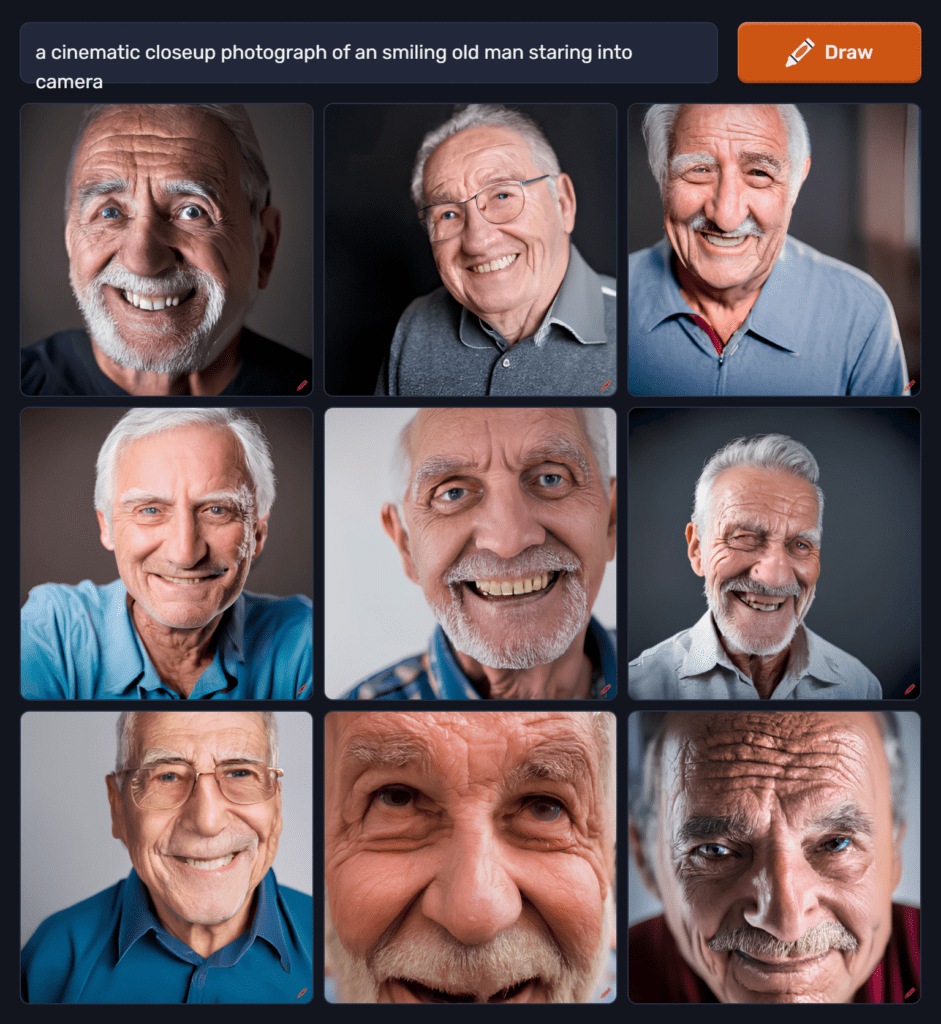 dalle mini prompt - a cinematic closeup photograph of an smiling old man staring into camera