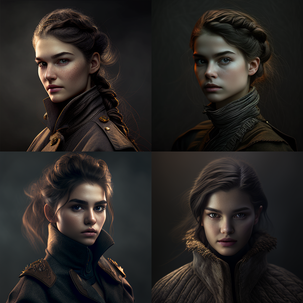 Prompt : Beautiful young woman oblique shot, brown hair in single braid, hazel eyes, zendaya, high collar coat, post apocalypse fantasy, epic moody dark lighting