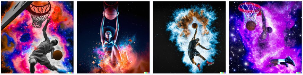 prompt dalle2 - An expressive photograph of a basketball player dunking in hoop, depicted as an explosion of a nebula
