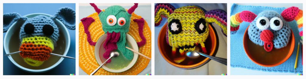 prompt dalle2 - a bowl of soup that looks like a monster, knitted out of wool