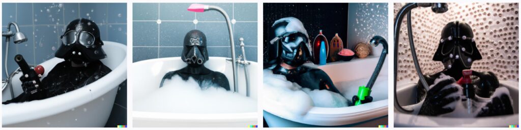 prompt dalle2 - pop culture - darth vader in cyberpunk look taking a bubble bath