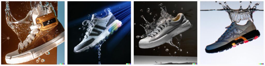 prompt dalle2 - product commercial - a realistic photographic close up of a floating sneaker with liquid splashing in zero gravity with light rays refracting through the water