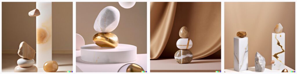 prompt dalle2 - stock photography - studio photography set of high detail irregular marble stones with gold lines stacked in impossible balance, cinematic lightbeige color scheme