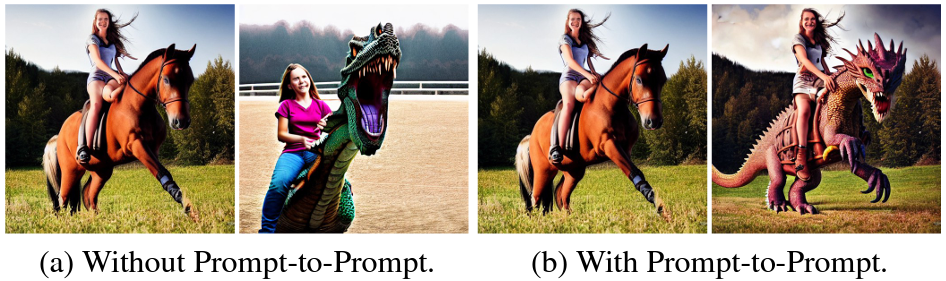 Stable Diffusion image generation example with and without Prompt-to-Prompt.
