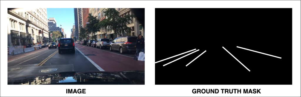 a side by side comparison for the bdd berkeley deep drive dataset for lane detection overlay masks  adas autonomous driving