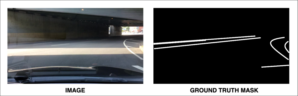 a side by side comparison for the bdd berkeley deep drive dataset for lane detection overlay masks self driving adas 