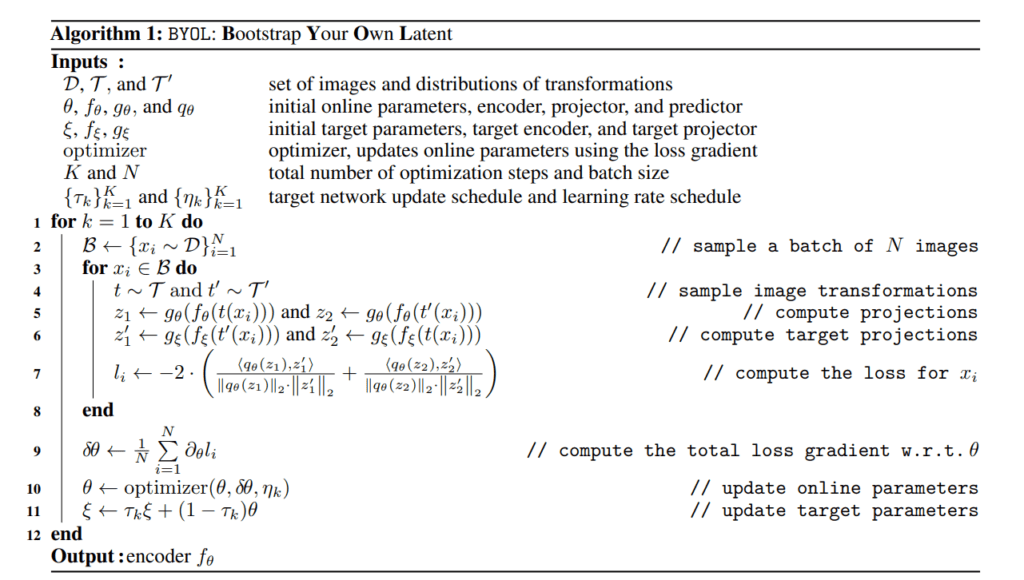 An algorithmic overview of BYOL (Bootstrap Your Own Latent), detailing inputs like transformations, encoder, projector, and optimizer. The steps include sampling a batch of images, applying image transformations, computing projections, calculating the contrastive loss using cosine similarity, and updating online and target network parameters using exponential moving averages.