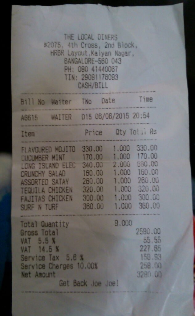 Image is a Hotel bill from anamed local diners from Bangalore to check VLM aided OCR Capability of Molmo VLM. Also it was asked to return a structured JSON representation of the Bill