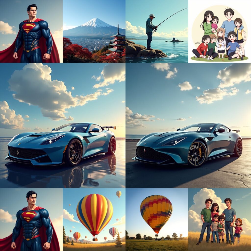 superman generation; family portrait generation; car image generation; car image; car; superman; family; hot air ballon image; hot air ballon image generation; flux parameter comparison; Flux Image Generations; Flux.1-Dev model; Generative ART; Diffusion Model AI; open source image generation
