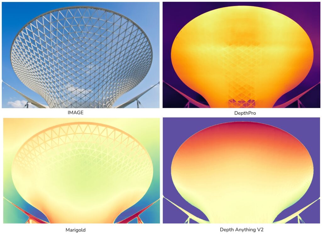 A comparison between Depth Anything V2 v/s Marigold v/s Depth Pro on the a 3d glass frustrum like building where depth pro fails for some pixels where Depth Anything V2 accurates estimates that its a single glass object