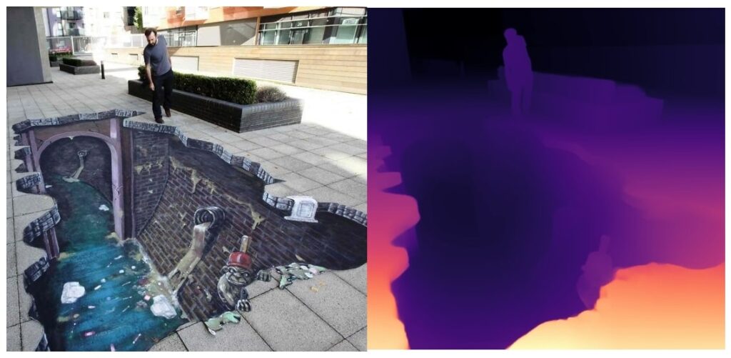 Image shows where the monocular depth models like Depth Pro fails in discerning the illusion and real subjects