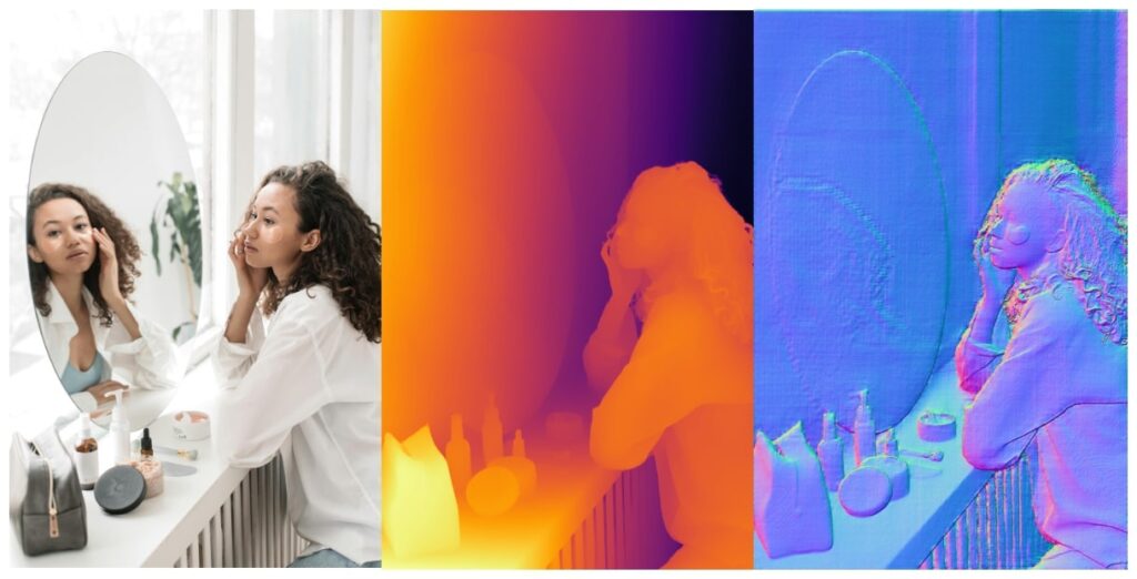 The image though produces decent depth maps for mirro reflections it does capture the structure of the subjects in the mirror which is undesirable, showing the limitation of monocular depth estimators 