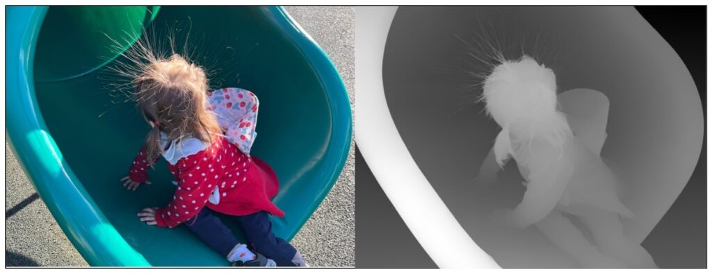 Image shows a kid playing where here hair strands are upright, this is a kinda hard sample for any segmentation or monocular depth estimator, however depth pro produces sharp depth maps
