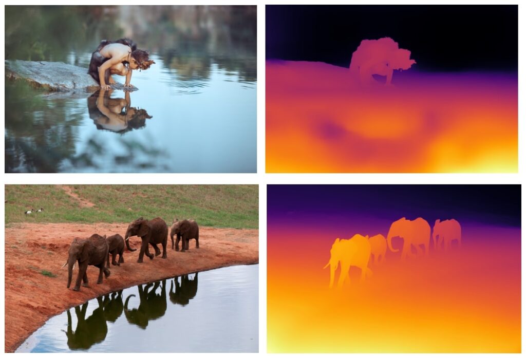 Depth Pro performance on water reflections, showing the robustness of the model accurates not fall behind mispredicting the scene