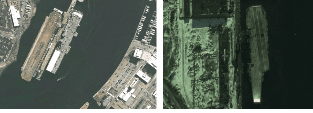 Two aerial images from the HRSC2016-MS dataset showcasing ships docked at ports. The dataset features varying ship sizes, orientations, and densities, making it a challenging benchmark for object detection models.