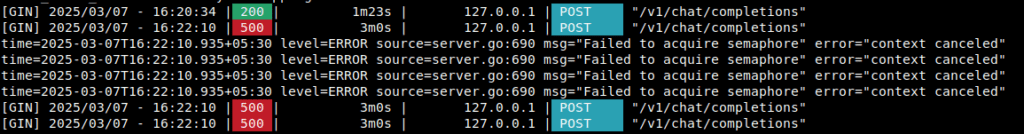 Ollama serve API POST and GET request logs. When multiple parallel API call occurs semaphore lock.