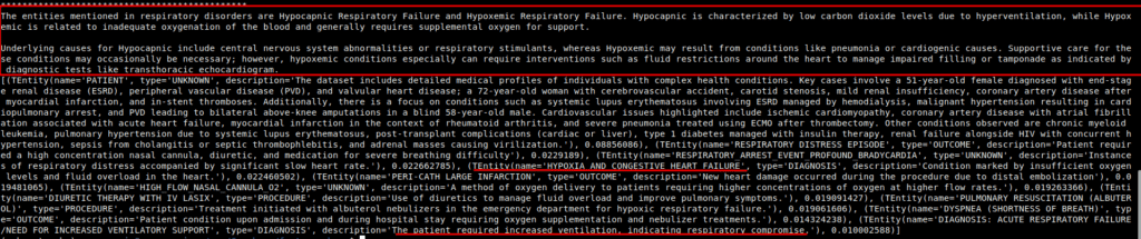 The image shows response output of FastGraphRAG pipeline targeted at local entity. This are retrieved entities returned by our Knowledge graph search